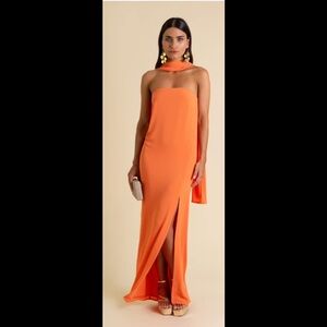 The Are Orange Strapless Sheath Dress with Slit and Stole